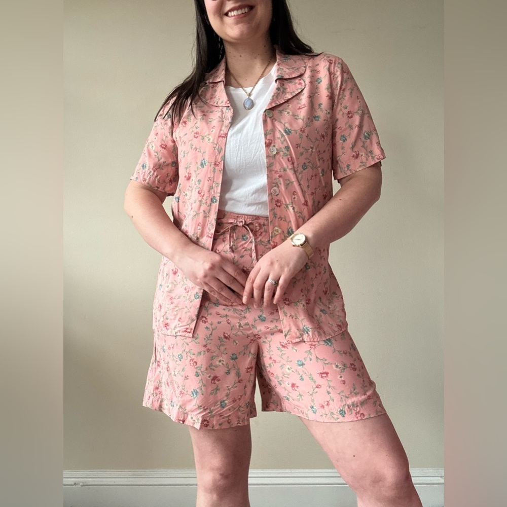 Vintage Pink Floral Top & Drawstring Shorts Set